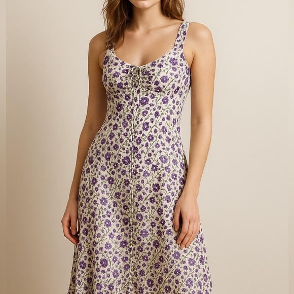 Vintage Dresses & Skirts - Y2K Vintage Purple Floral Ruffle Dress Ruched Cottagecore Coquette Sundress XS–S